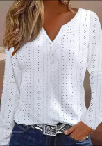 Women Fall Long Sleeve V-Neck Cutout Solid Patchwork Shirt