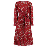 Women Ruffle Pleated Round Neck Floral Dress