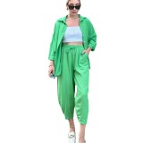 Women Solid Loose Shirt And Lace-Up Trousers Two-Piece Set