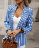 Women Striped Print Long Sleeve Turndown Collar Jacket