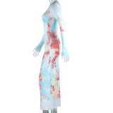 Women Printed Round Neck Long Sleeve Bodycon Maxi Dress