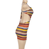 Women Summer Stripe Halter Neck Tie Bodycon Dress