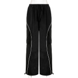 Women's Summer High Street Style High Waist Straight Drawstring Breasted Casual Trousers