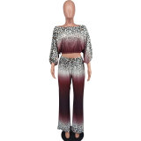 Autumn Set Leopard Printed Women's Fashion Casual Long Sleeve Off Shoulder Two-Piece Trousers Set