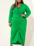 Fall V-neck long sleeve solid Plus Size Dress