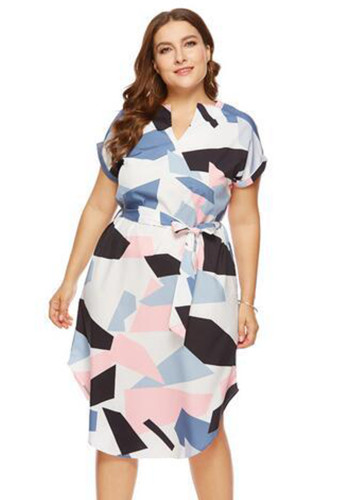 Plus Size Women's Plus Size Summer Short Sleeve Print Color Block Slit Tie Plus Size Dress