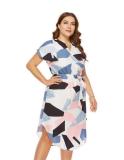 Plus Size Women's Plus Size Summer Short Sleeve Print Color Block Slit Tie Plus Size Dress