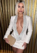 Women Fall Sexy Deep V-Neck Beaded Backless Blazer Dress