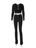 Women Fall Sexy Round Neck Long Sleeve Cutout Top and Pants Two-Piece Set
