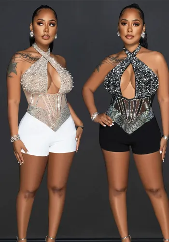 Women Sexy Mesh Halter Neck Beaded Jumpsuit