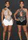 Women Sexy Mesh Halter Neck Beaded Jumpsuit