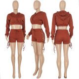 Women Casual Solid Lace-Up Drawstring Long Sleeve Top and Short Two-Piece Set