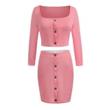 Women Button Off Shoulder Top and Sexy Mini Skirt Two-Piece Set