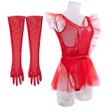 Fashion Sexy Mesh Bodysuit Skirt Gloves Three-Piece Female Lingerie Sett