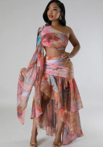 Conjunto de falda de dos piezas con abertura larga sexy con estampado de pintura al óleo para mujer de otoño