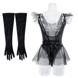 Fashion Sexy Mesh Bodysuit Skirt Gloves Three-Piece Female Lingerie Sett