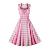 Women's Slim Waist Patchwork Sleeveless Pink Plaid Vintage A-Line Swing Dress