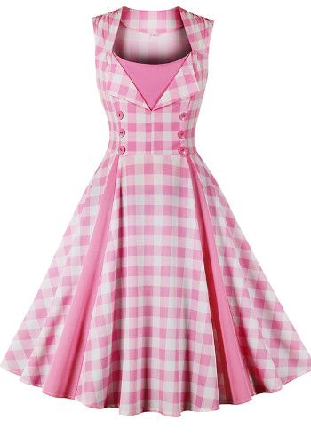 Vestido estilo swing vintage a cuadros rosa sin mangas con retazos y cintura delgada para mujer