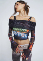 Летняя женская мода в стиле пэчворк с открытыми плечами и длинными рукавами, сетчатый облегающий уличный модный топ