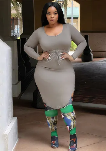 Autumn/Winter Plus Size Ladies Sexy U-Neck Solid High Waist Drawstring Irregular Dress For Women