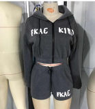 Women Loose Fleece Casual Print Hoodies and Shorts Two-Piece Set