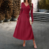 Women Fall Maxi Dress Chic Career V-Neck Long Sleeves Chic Elegant Dress