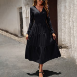 Women Fall Maxi Dress Chic Career V-Neck Long Sleeves Chic Elegant Dress