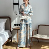 Women French print long-sleeve tie-up shirt and wide-leg pants two-piece set