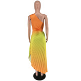 Women's Fashion Gradient Printed One Shoulder Pleated Maxi Dress