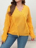 Plus Size Women V-Neck Tassel Patchwork Sweater