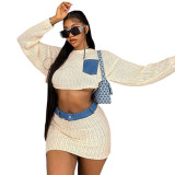 Women Long Sleeve Patchwork Crop Top and Skirt Two-Piece Set