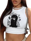 Women's Round Neck Slim Fit Fashion Print Crop Tank Top