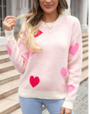 Women's Autumn Winter Heart Print Round Neck Knitting Pullover Sweater