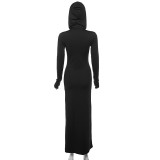Autumn Women's Sexy Slit High Waist Slim Hooded Long Dress