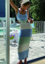 Damen-Sommer-Träger, gestreift, farblich passendes Schnür-Strickkleid mit niedrigem Rücken