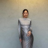 Fall Round Neck Long Sleeve Fashion Stripe Print Slim High Waist Maxi Dress