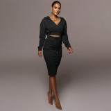 Women's Fashion Winter Fleece V-Neck Hoodie Casual Slit Mid Skirt Two-Piece Set