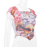 Summer Ladies Fashion Trend Tie Dye Print Fly Sleeve Slim Crop Vest