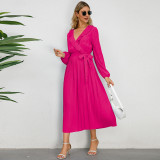 Autumn And Winter Ruffled V-Neck Long-Sleeved Pleated Long Slim Chic Women Dress
