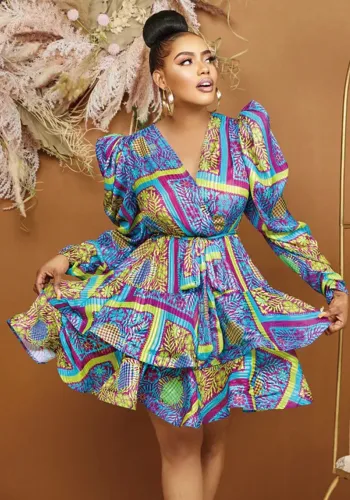 Women's Stylish V-Neck Printed Long Sleeve Slim Waist Tie Short Dress