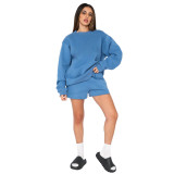 Fall Winter Solid Color Round Neck Pullover Long Sleeve Hoodies Women's Fashion Casual Shorts Two Piece Set