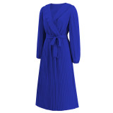 Autumn And Winter Ruffled V-Neck Long-Sleeved Pleated Long Slim Chic Women Dress