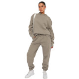 Fall Winter Solid Color Hooded Tracksuit Long Sleeve Hoodies Women's Fashion Casual Pant Two Piece Set