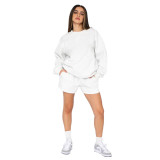Fall Winter Solid Color Round Neck Pullover Long Sleeve Hoodies Women's Fashion Casual Shorts Two Piece Set