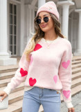 Women's Autumn Winter Heart Print Round Neck Knitting Pullover Sweater
