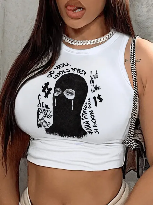 Women's Round Neck Slim Fit Fashion Print Crop Tank Top
