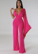Women's Summer Low Back Sexy V-Neck Single Side Long Sleeve Tight Fitting High Waist Wide Leg Jumpsuit