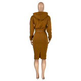 Women's Fashion Winter Fleece V-Neck Hoodie Casual Slit Mid Skirt Two-Piece Set