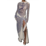Women Sexy Casual Printed Long Sleeve Top and High Waist Slit Long Skirt Two Piece Set