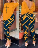 Women Autumn Casual Backless Printed Top and Pants Two-piece Set